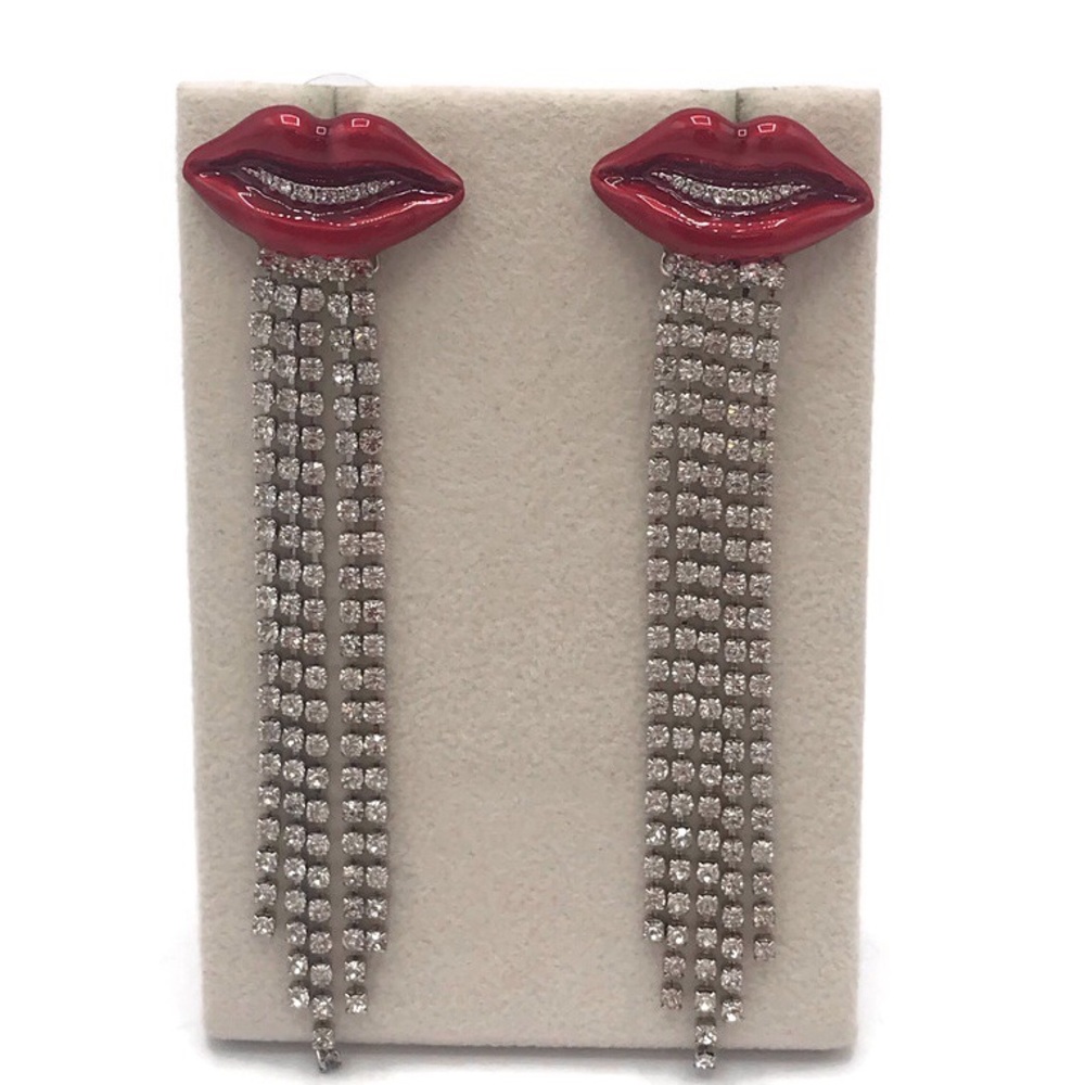 Betsey Johnson Red Lip Snack Attack Crystal Fringe Drop Dangle Earrings